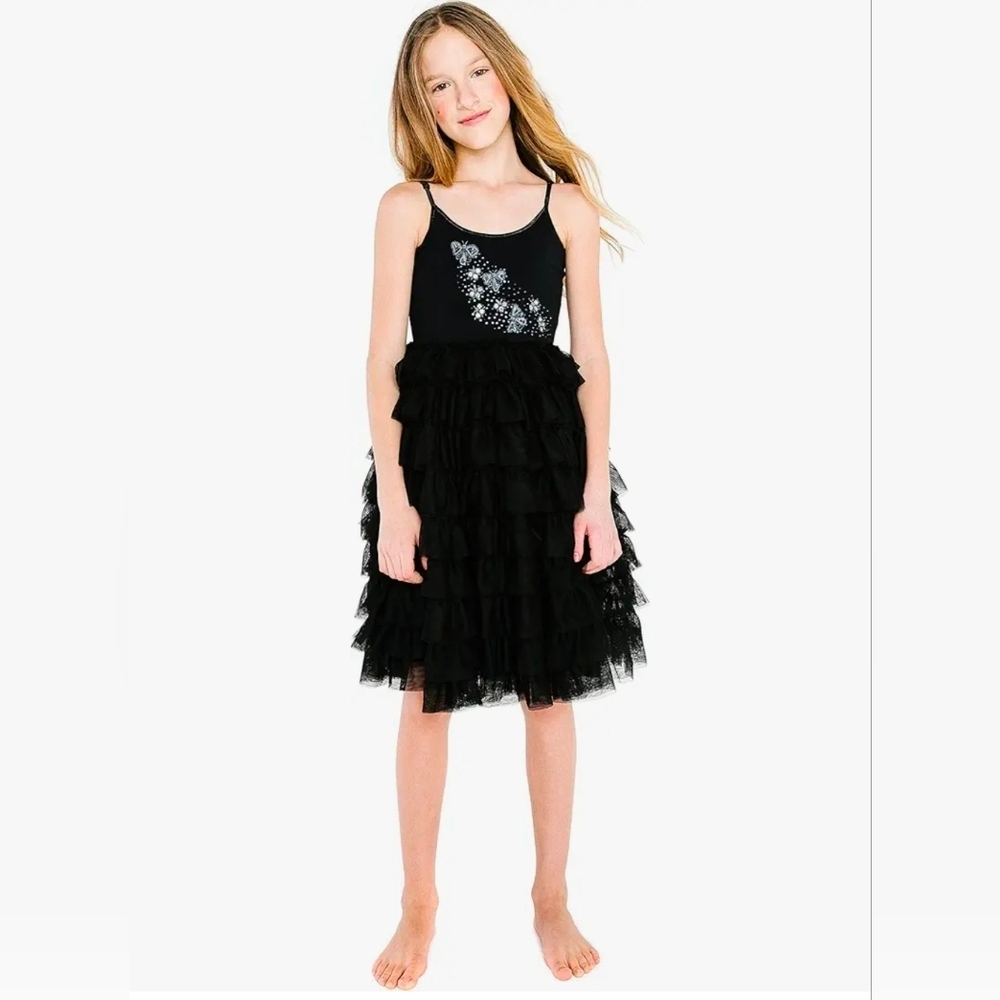 Black Girls Tulle Ruffle Party Dress Beaded Bow Sequin Adjustable Straps Kids 6